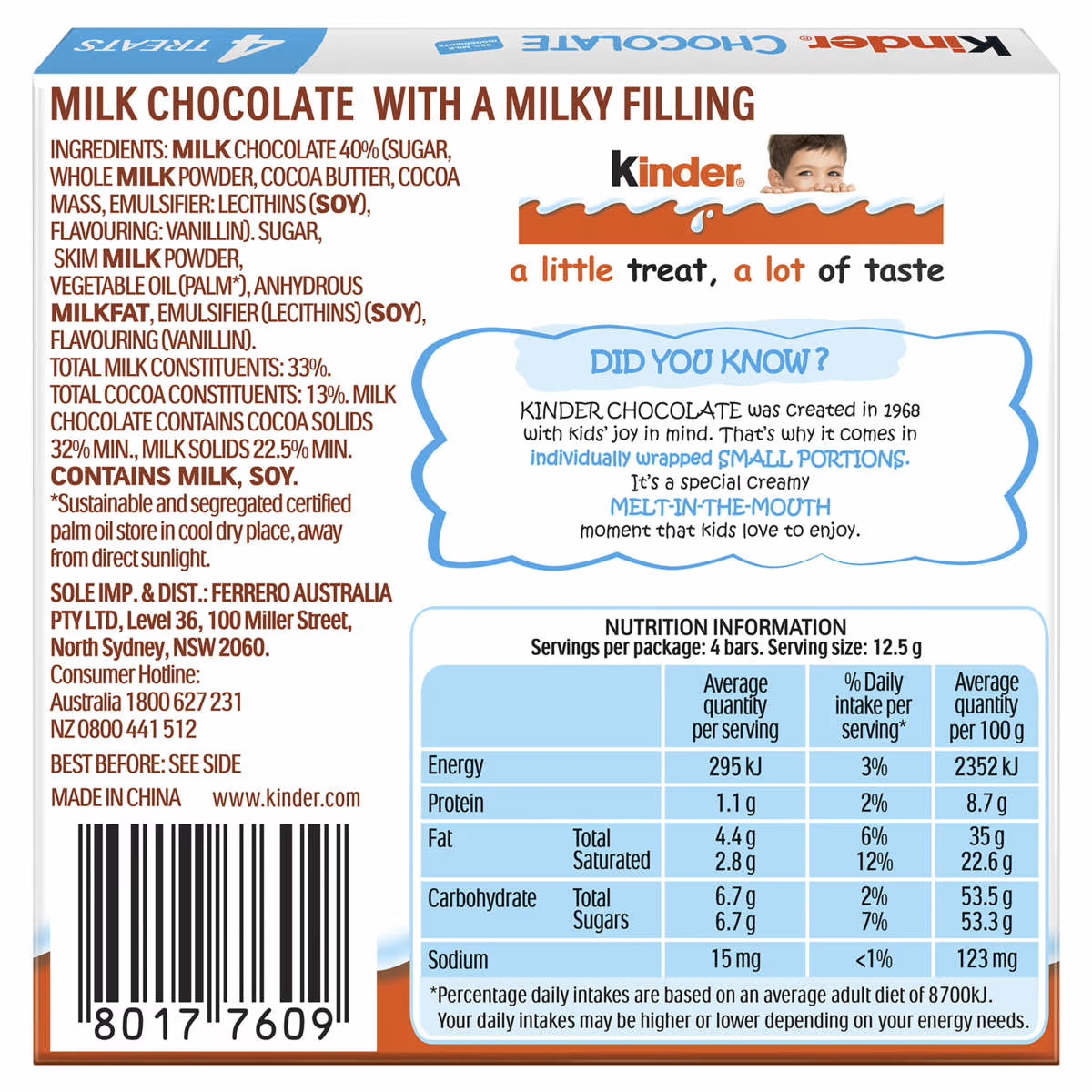 Kinder Chocolate 4 Piece Pack 50g
