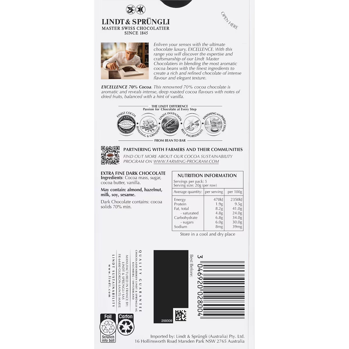 Lindt Excellence Dark Chocolate Bar 100g